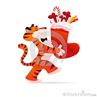 Vector flat cartoon illustration of new year and merry Christmas mascot tiger funny character carry xmas stocking full of gifts Cartoon Illustration